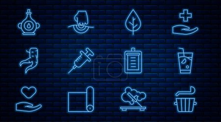 Set line Sauna bucket and ladle, Fresh smoothie, Leaf, Syringe, Ginger root, Oil bottle, Clipboard with checklist and Massage icon. Vector