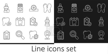Set line Dental clinic location, Mouthwash bottle, Otolaryngological head reflector, Calendar with tooth, Tooth caries, card and Painkiller tablet icon. Vector