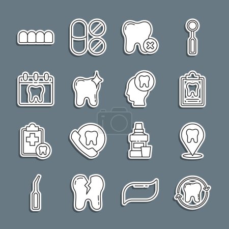 Set line Tooth whitening, Dental clinic location, card, with caries, Calendar tooth, Dentures model and Human head icon. Vector