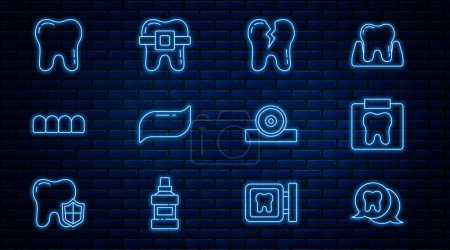 Set line Tooth, X-ray of tooth, Broken, Toothpaste, Dentures model, Otolaryngological head reflector and Teeth with braces icon. Vector
