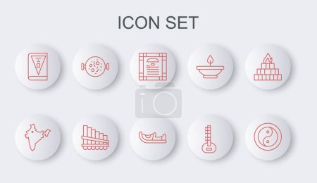 Set line Yin Yang, India map, constitution day, Sitar, Chicken tikka masala, Pan flute and Indian shoes icon. Vector