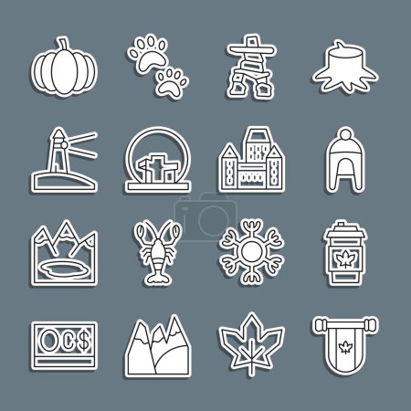 Set line Pennant Canada, Coffee cup to go, Winter hat, Inukshuk, Montreal Biosphere, Lighthouse, Pumpkin and Chateau Frontenac hotel icon. Vector