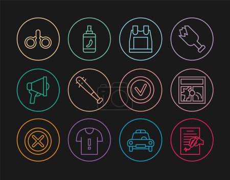 Set line Petition, Broken window, Bulletproof vest, Baseball bat with nails, Megaphone, Handcuffs, Check mark round and Pepper spray icon. Vector