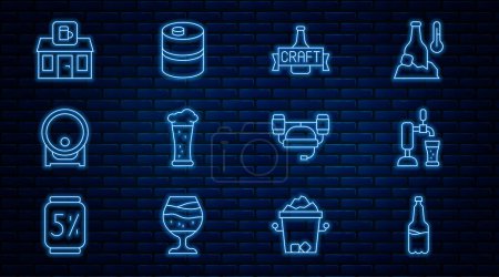 Illustration for Set line Plastic beer bottle, Beer tap with glass, Glass of, Wooden barrel on rack, Store building shop, helmet and Metal keg icon. Vector - Royalty Free Image