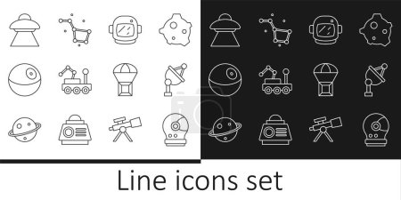 Set line Astronaut helmet, Satellite dish, Mars rover, Planet, UFO flying spaceship, Box parachute and Great Bear constellation icon. Vector