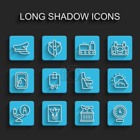 Set line Aircraft steering helm, Passport, Pilot hat, Plane, Clock, Suitcase, Sun and cloud weather and Airplane seat icon. Vector