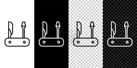 Set line Swiss army knife icon isolated on black and white background. Multi-tool, multipurpose penknife. Multifunctional tool.  Vector.
