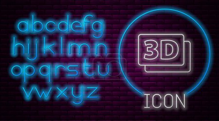 Glowing neon line 3D word icon isolated on brick wall background. Neon light alphabet. Vector.
