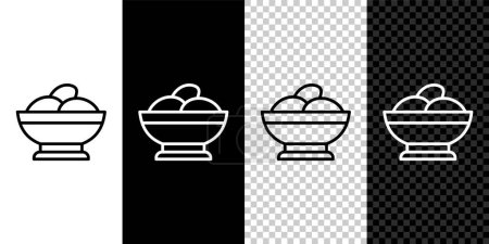 Establezca la línea Varenyky en un icono de tazón aislado sobre fondo blanco y negro. Pierogi, varenyky, dumpling, pelmeni, ravioli. Comida tradicional ucraniana. Vector.