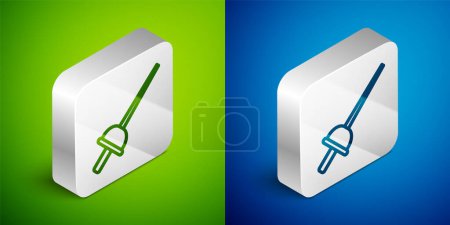 Illustration for Isometric line Fencing icon isolated on green and blue background. Sport equipment. Silver square button. Vector - Royalty Free Image