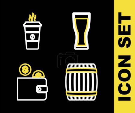 Illustration for Set line Glass of beer, Wooden barrel, Wallet with coin and Coffee cup icon. Vector - Royalty Free Image