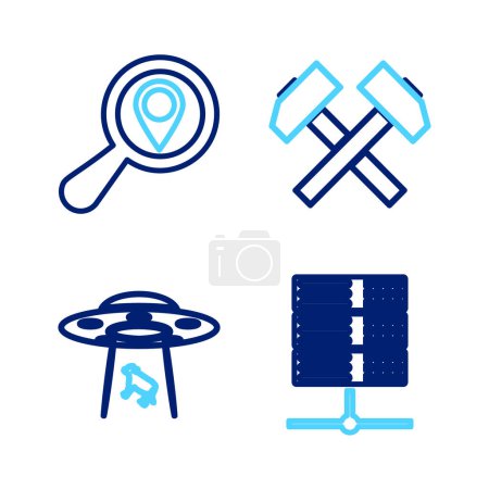 Set line Server, Data, Web Hosting, UFO abducts cow, Two crossed hammers and Search location icon. Vector