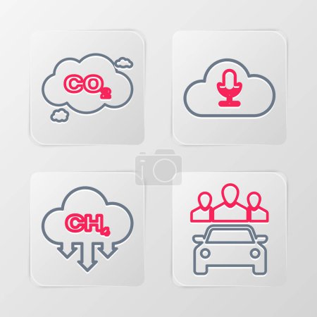 Set line Car sharing, Methane emissions reduction, Music streaming service and CO2 cloud icon. Vector
