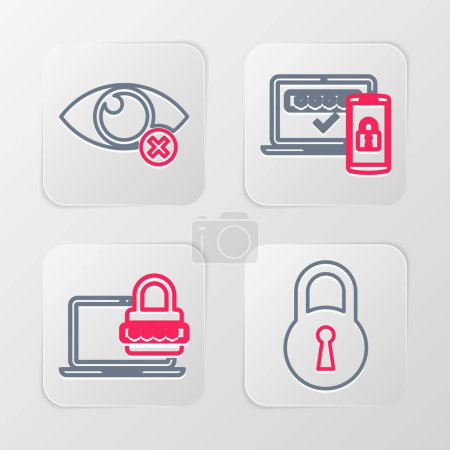 Set line Lock, Laptop with password, Two steps authentication and Invisible hide icon. Vector