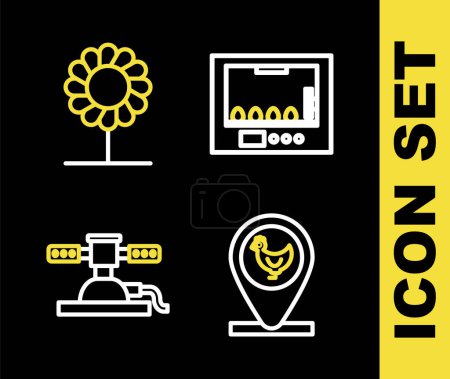 Illustration for Set line Incubator for eggs, Chicken farm and location, Automatic irrigation sprinklers and Flower icon. Vector - Royalty Free Image