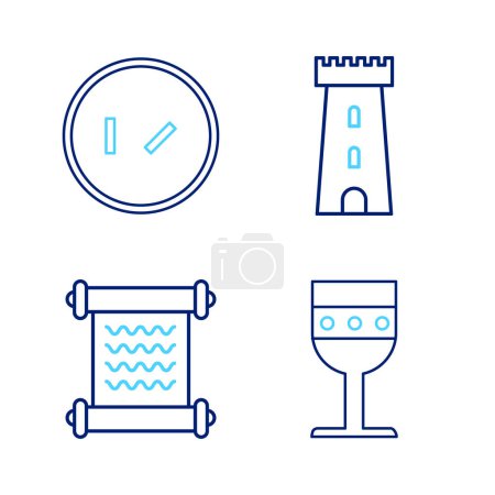 Set line Medieval goblet, Decree, parchment, scroll, Castle tower and Round wooden shield icon. Vector