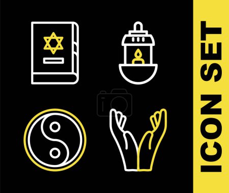 Illustration for Set line Ramadan Kareem lantern, Hands in praying position, Yin Yang and Jewish torah book icon. Vector - Royalty Free Image