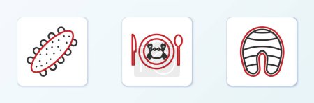 Set line Fish steak, Sea cucumber and Served crab on plate icon. Vector