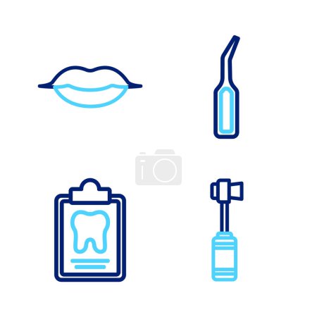 Définissez la brosse à dents, la carte dentaire, l'échelle exploratrice et l'icône lèvres souriantes. Vecteur