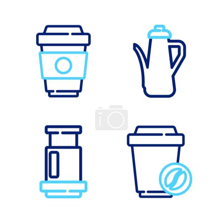 Set line Coffee cup to go, Aeropress coffee, Teapot and  icon. Vector