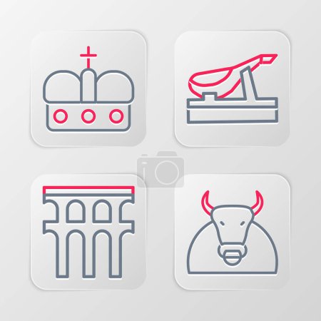 Set line Bull, Aqueduct of Segovia, Spanish jamon and Crown spain icon. Vector