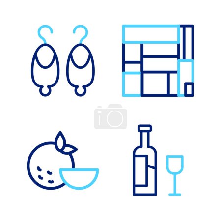 Set line Wine bottle with glass, Orange fruit, House Edificio Mirador and Earrings icon. Vector