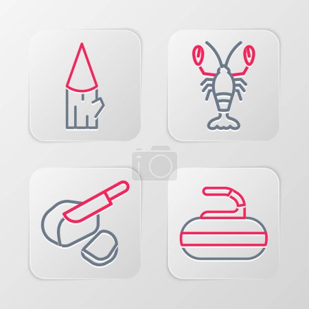 Set line Stone for curling, Peameal bacon, Lobster and Wooden log icon. Vector