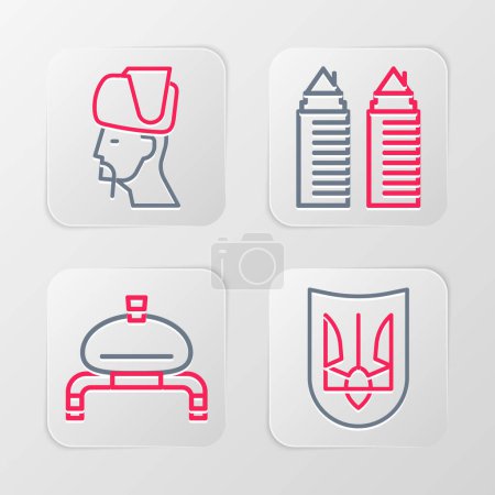 Set line Ukrainian trident, Bread and salt, Two towers Dnipro and cossack icon. Vector