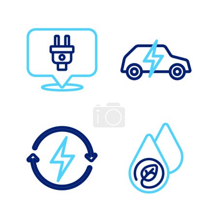 Set line Water energy, Recharging, Electric car and plug icon. Vector