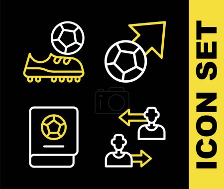 Set line Soccer football ball, Substitution player, Football learning book and shoes icon. Vector