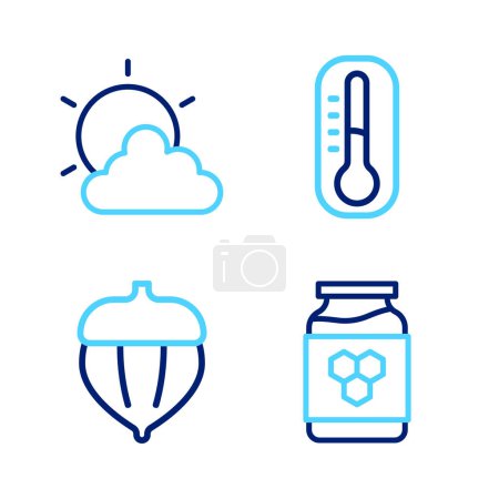 Set line Jar of honey, Acorn, Thermometer and Sun and cloud weather icon. Vector