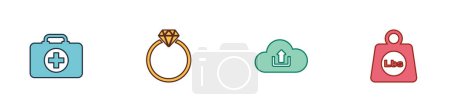 Set First aid kit, Diamond engagement ring, Cloud upload and Weight pounds icon. Vector.