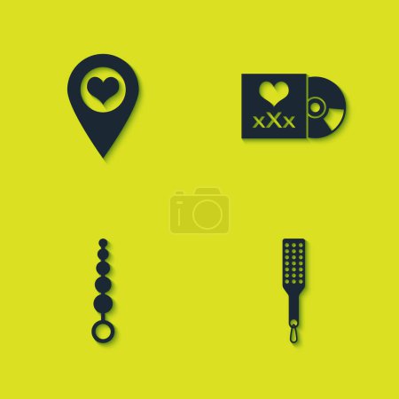 Set Location with heart, Spanking paddle, Anal beads and Disc inscription Sex icon. Vector.
