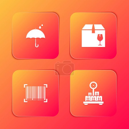 Set Umbrella and rain drops, Delivery box with fragile content, Barcode and Scale cardboard icon. Vector.
