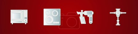 Set Microwave oven, Gas stove, Nail gun and Construction jackhammer icon. Vector.