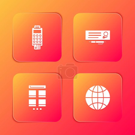 Illustration for Set POS terminal with credit card, Bank check and pen, Online shopping on mobile and Worldwide icon. Vector. - Royalty Free Image