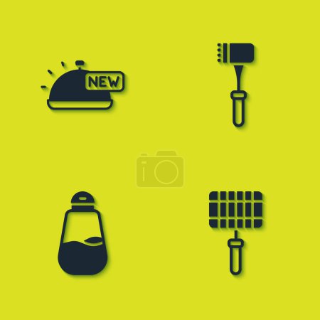 Set Covered with tray of food, Barbecue steel grid, Salt and Kitchen hammer icon. Vector