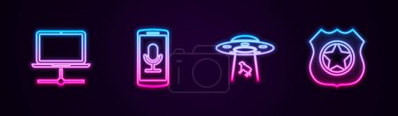 Set line Computer network, Mobile recording, UFO abducts cow and Police badge. Glowing neon icon. Vector.