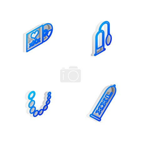 Set Isometric line Penis pump, Disc with inscription Sex, Anal beads and Condom safe sex icon. Vector.