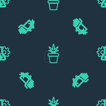 Set line Marihuana-Pflanze im Topf, Einkaufswagen mit Marihuana und Reagenzglas auf nahtlosem Muster. Vektor.
