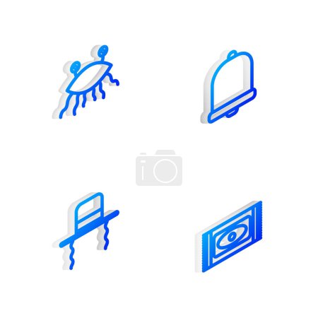 Set Isometric line Church bell, Pastafarianism, Orthodox jewish hat with sidelocks and Traditional carpet icon. Vector.