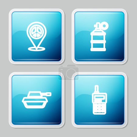 Set line Location peace, Hand smoke grenade, Military tank and Walkie talkie icon. Vector