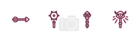 Set line Arrow, Magic wand, Medieval chained mace ball and staff icon. Vector