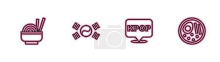 Establecer la línea de fideos asiáticos en tazón, K-pop, bandera de Corea del Sur y el icono de Ramen. Vector