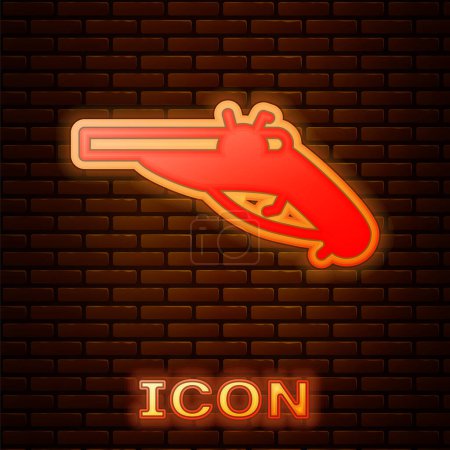 Glowing neon Vintage pistols icon isolated on brick wall background. Ancient weapon.  Vector.