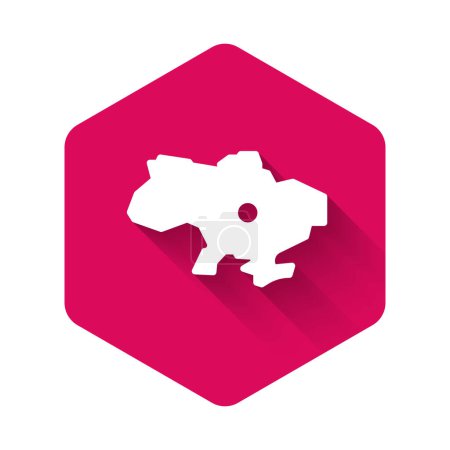 White Map of Ukraine icon isolated with long shadow. Pink hexagon button. Vector.