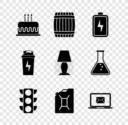 Illustration for Set Cake with burning candles, Wooden barrel, Battery, Traffic light, Canister for gasoline and Laptop envelope icon. Vector - Royalty Free Image