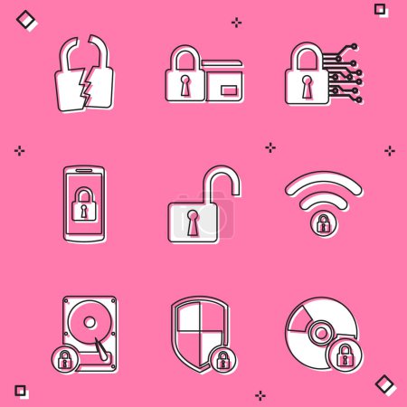 Set Broken or cracked lock, Credit card with, Cyber security, Smartphone, Open padlock and Wifi locked icon. Vector