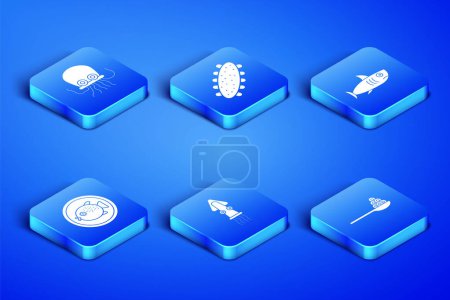 Set Caviar on a spoon, Octopus, Puffer fish plate, Sea cucumber and Shark icon. Vector