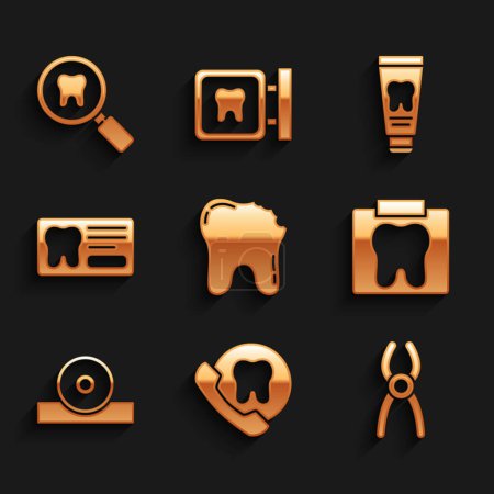 Gebrochene Zähne, Online-Zahnpflege, Zahnzange, Röntgenbild, HNO-Reflektor, Karte, Tube-Zahnpasta und Suchsymbol. Vektor